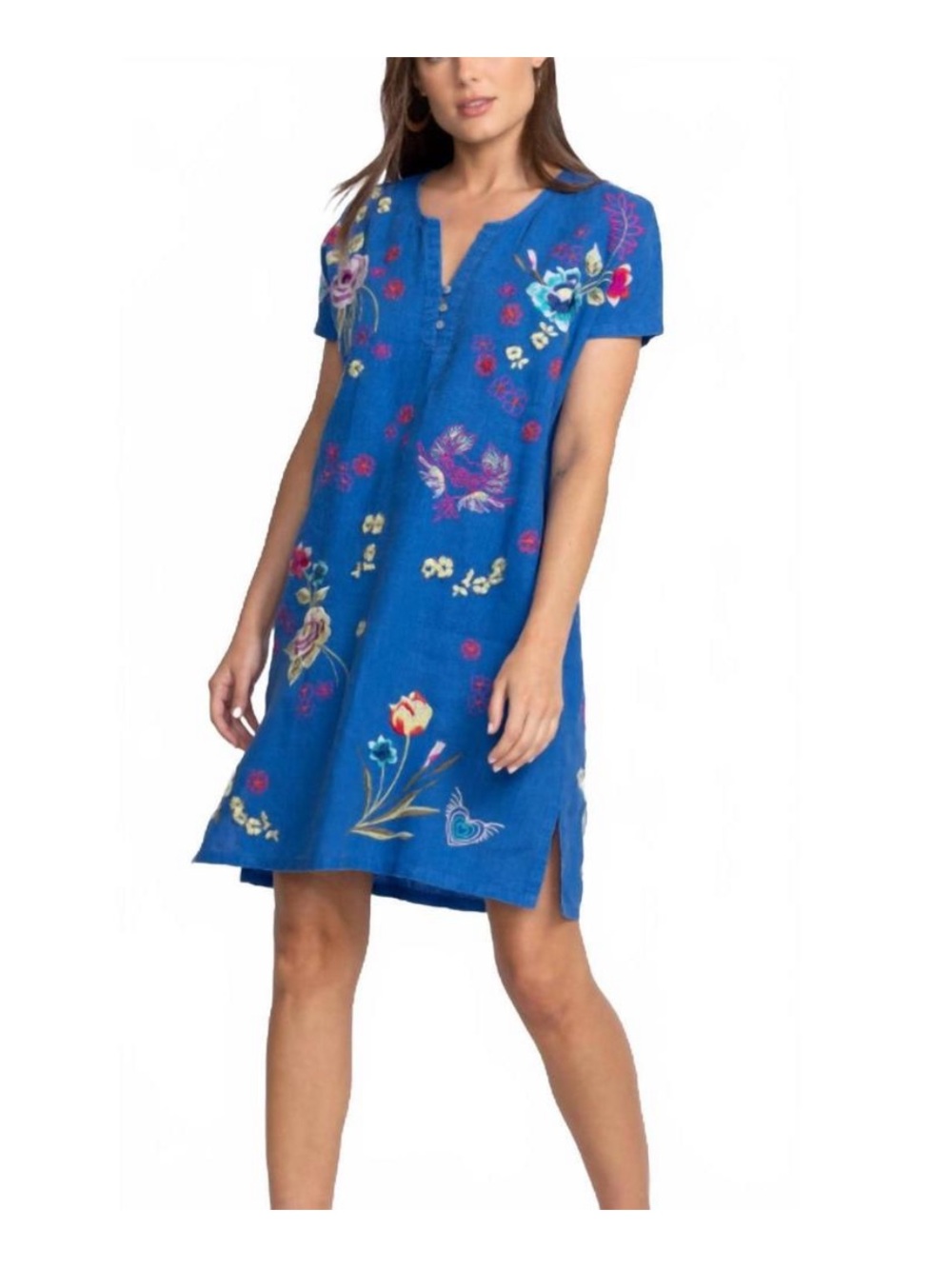 Johnny Was Jessi linen Blue Embroidered Floral dress medium new